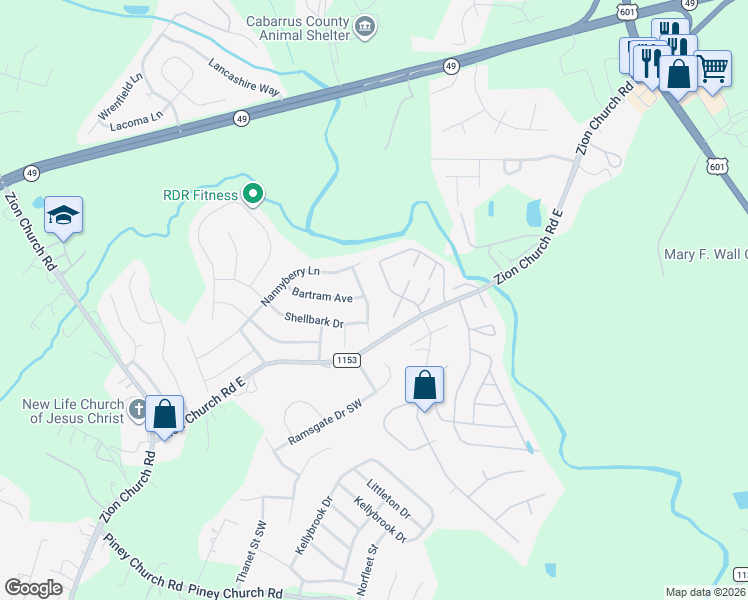 map of restaurants, bars, coffee shops, grocery stores, and more near 3030 Jessica Lane in Concord