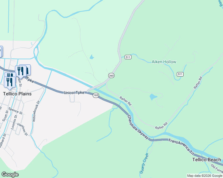 map of restaurants, bars, coffee shops, grocery stores, and more near 118-122 County Road 512 in Tellico Plains