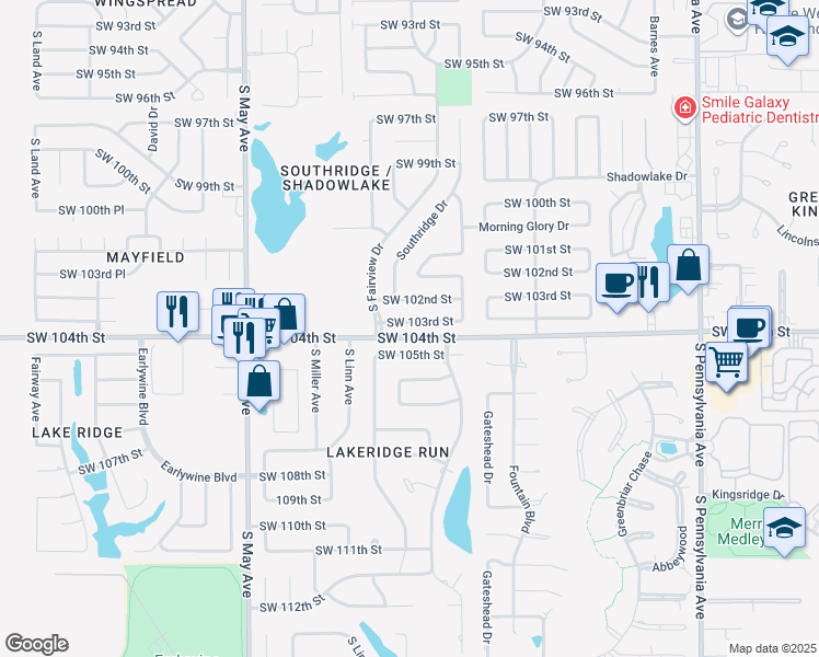 map of restaurants, bars, coffee shops, grocery stores, and more near 2528 Southwest 102nd Street in Oklahoma City