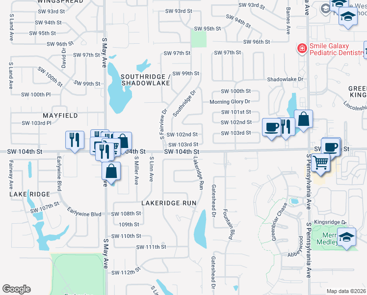 map of restaurants, bars, coffee shops, grocery stores, and more near 2528 Southwest 102nd Street in Oklahoma City