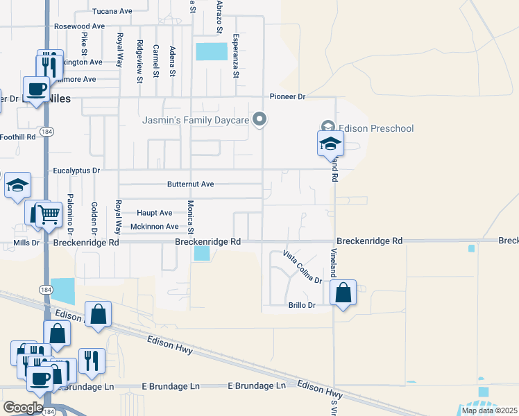 map of restaurants, bars, coffee shops, grocery stores, and more near 9248 Ponderosa Avenue in Bakersfield