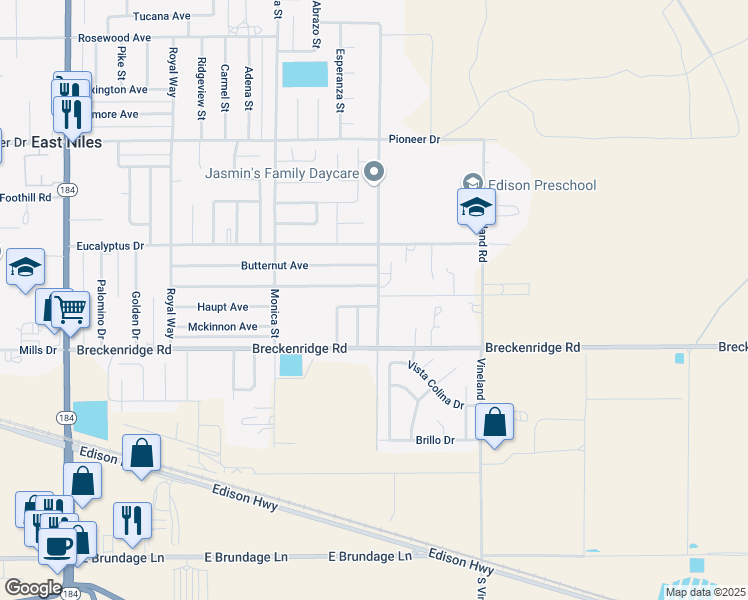 map of restaurants, bars, coffee shops, grocery stores, and more near 9248 Ponderosa Avenue in Bakersfield