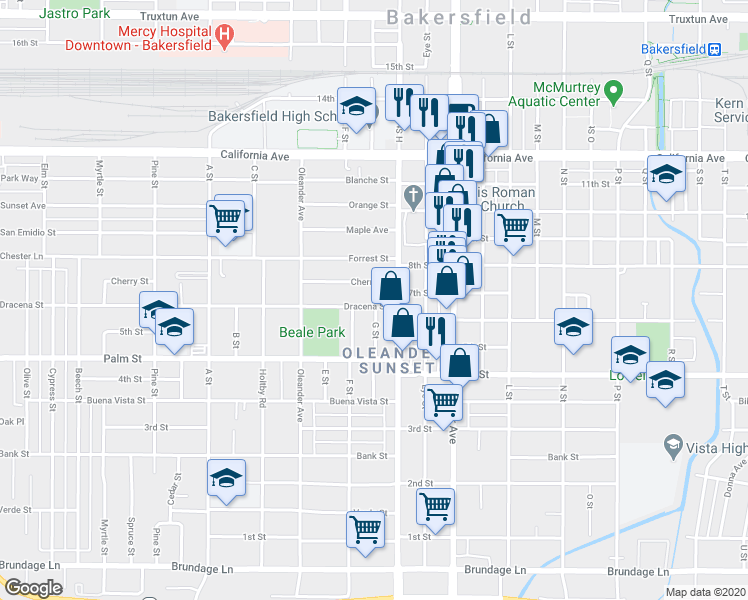 map of restaurants, bars, coffee shops, grocery stores, and more near 1711 Cherry Street in Bakersfield