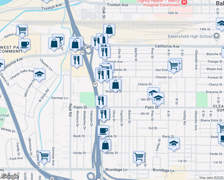 map of restaurants, bars, coffee shops, grocery stores, and more near 702 Olive Street in Bakersfield