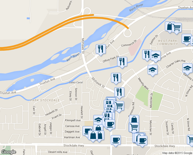 map of restaurants, bars, coffee shops, grocery stores, and more near 5301 Office Park Drive in Bakersfield