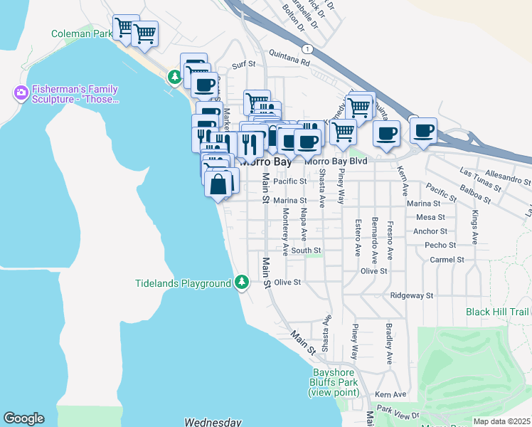 map of restaurants, bars, coffee shops, grocery stores, and more near 270 Marina Street in Morro Bay
