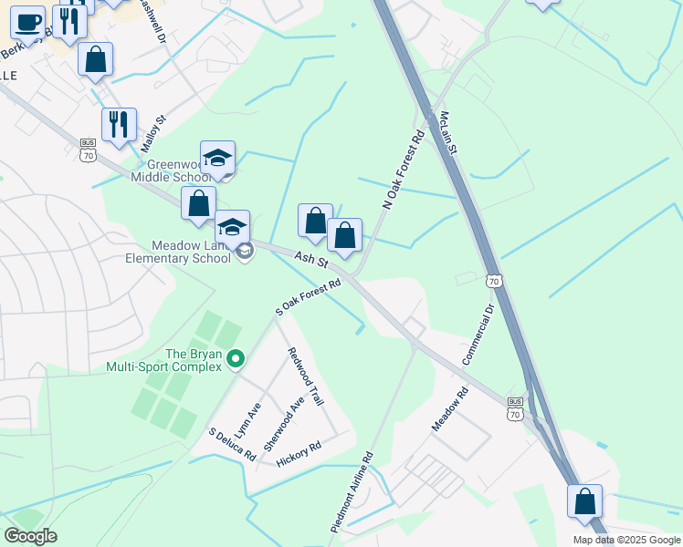 map of restaurants, bars, coffee shops, grocery stores, and more near 3633 East Ash Street in Goldsboro