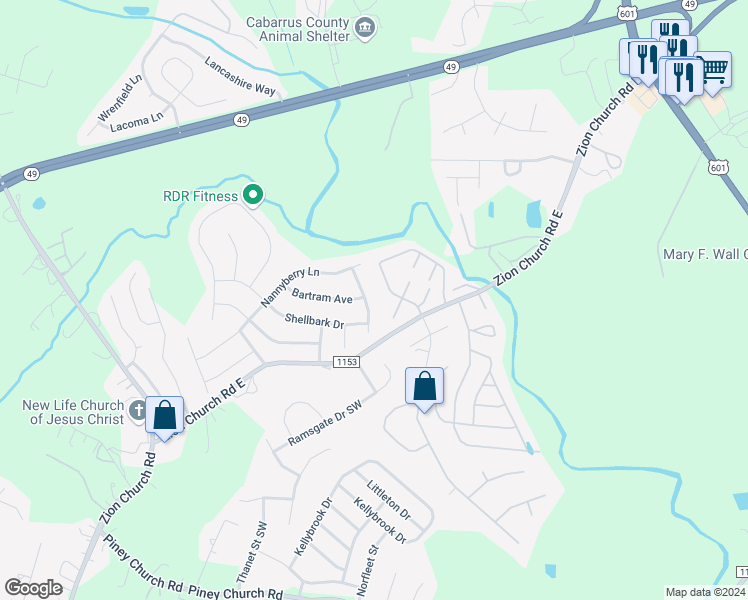 map of restaurants, bars, coffee shops, grocery stores, and more near 3030 Jessica Lane in Concord