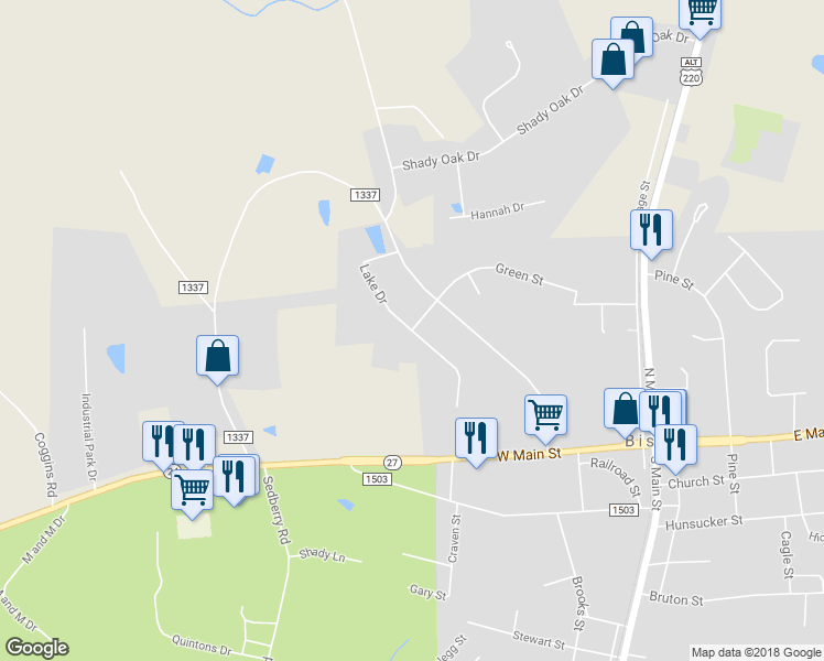 map of restaurants, bars, coffee shops, grocery stores, and more near Lake Drive in Biscoe