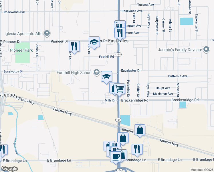 map of restaurants, bars, coffee shops, grocery stores, and more near 501 Park Drive in Bakersfield