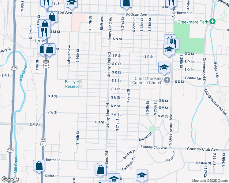 map of restaurants, bars, coffee shops, grocery stores, and more near 2025 South T Street in Fort Smith