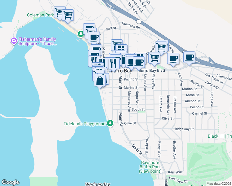 map of restaurants, bars, coffee shops, grocery stores, and more near 245 Driftwood Street in Morro Bay