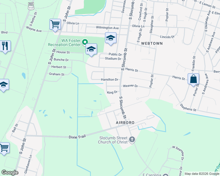 map of restaurants, bars, coffee shops, grocery stores, and more near 1404 King Dr in Goldsboro
