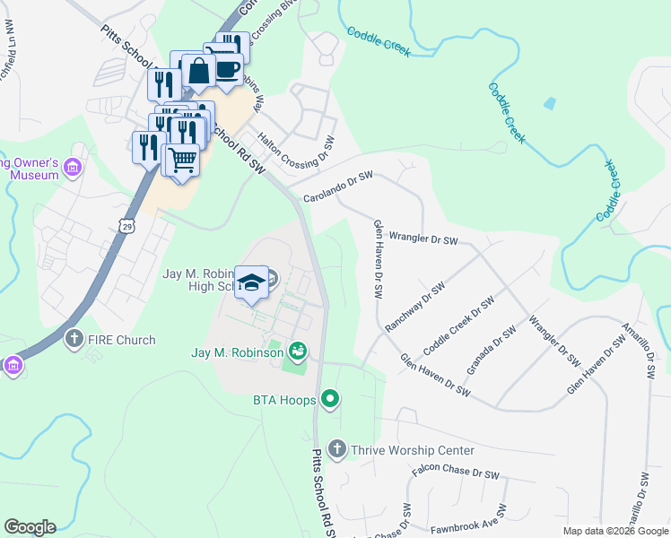 map of restaurants, bars, coffee shops, grocery stores, and more near 3612 Glen Haven Drive Southwest in Concord
