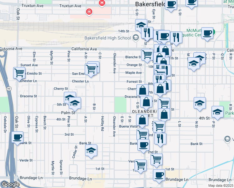 map of restaurants, bars, coffee shops, grocery stores, and more near 2023 Cherry Street in Bakersfield
