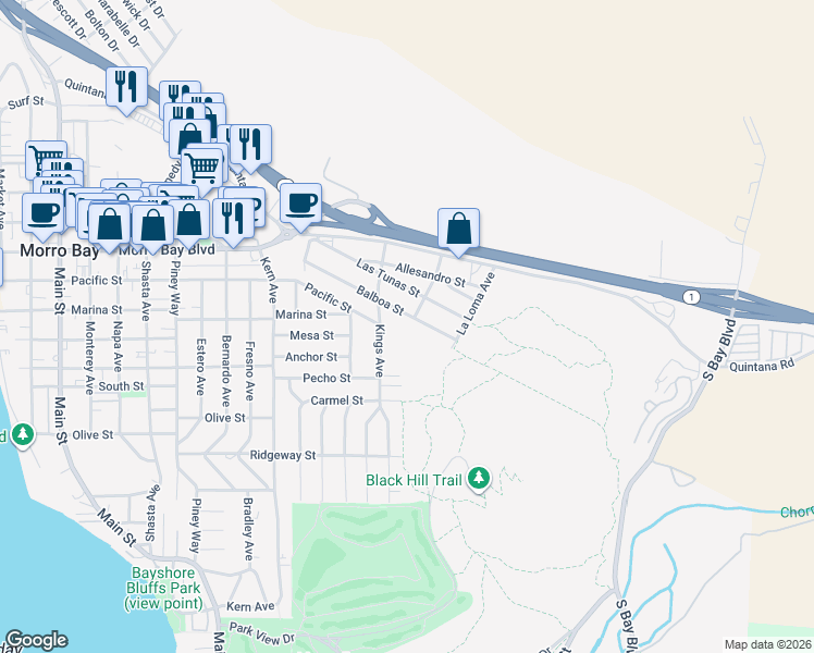 map of restaurants, bars, coffee shops, grocery stores, and more near 1020 Balboa Street in Morro Bay
