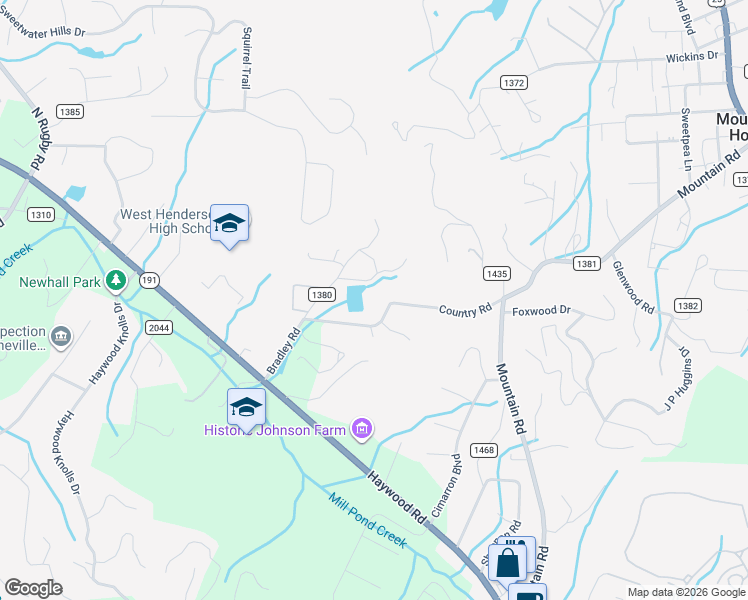 map of restaurants, bars, coffee shops, grocery stores, and more near 18 Country Road in Hendersonville