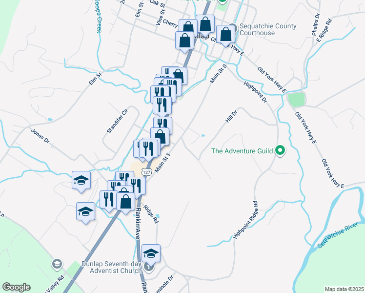 map of restaurants, bars, coffee shops, grocery stores, and more near 864 Main Street South in Dunlap