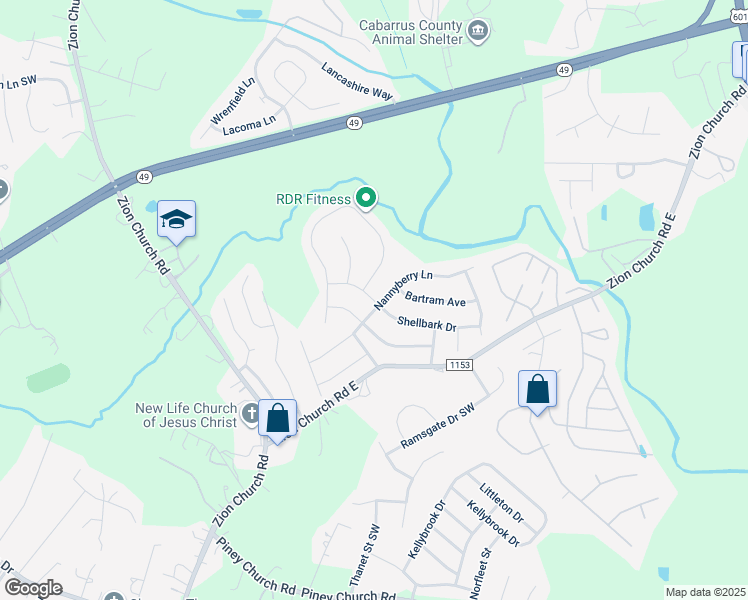 map of restaurants, bars, coffee shops, grocery stores, and more near 609 Shellbark Drive in Concord