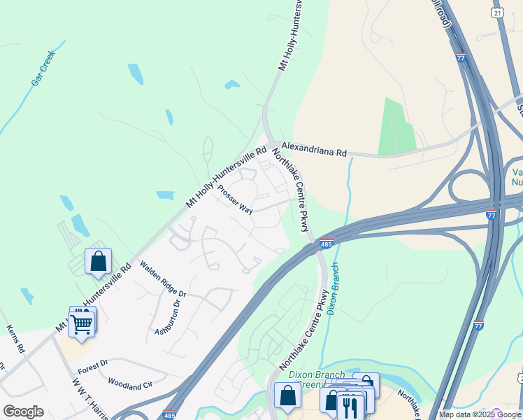 map of restaurants, bars, coffee shops, grocery stores, and more near Prosser Way in Charlotte