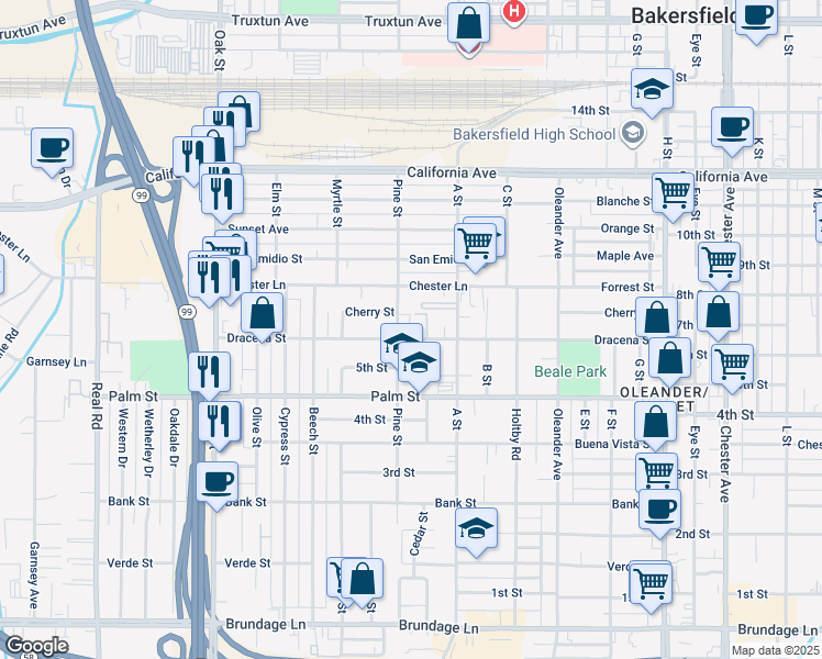 map of restaurants, bars, coffee shops, grocery stores, and more near 630 Pine Street in Bakersfield
