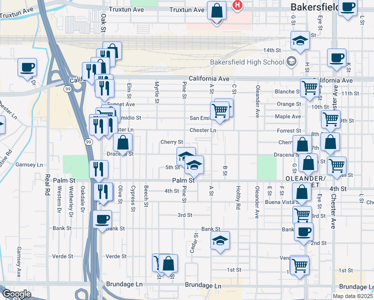 map of restaurants, bars, coffee shops, grocery stores, and more near 630 Pine Street in Bakersfield