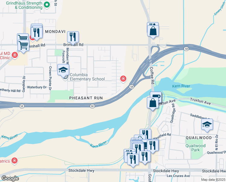 map of restaurants, bars, coffee shops, grocery stores, and more near 631 Jasmine Parke Drive in Bakersfield