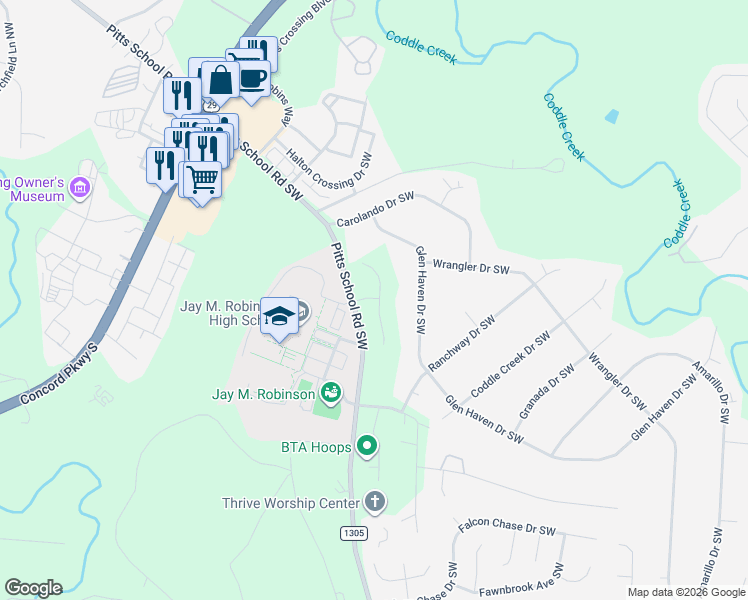 map of restaurants, bars, coffee shops, grocery stores, and more near 3612 Glen Haven Drive Southwest in Concord