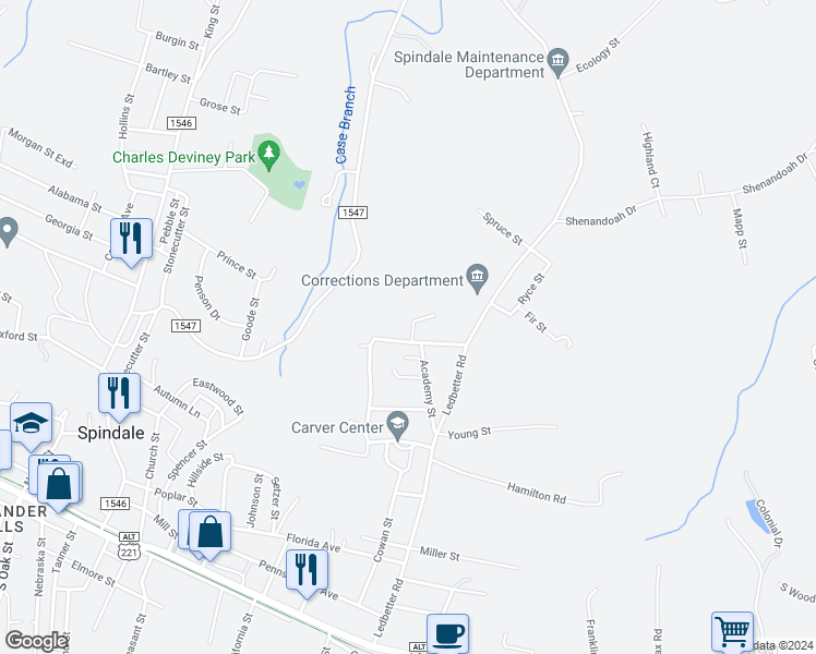 map of restaurants, bars, coffee shops, grocery stores, and more near 825 New Hampshire Street in Spindale