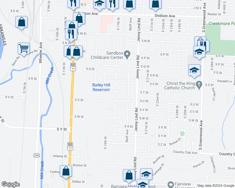 map of restaurants, bars, coffee shops, grocery stores, and more near 1623 South T Street in Fort Smith