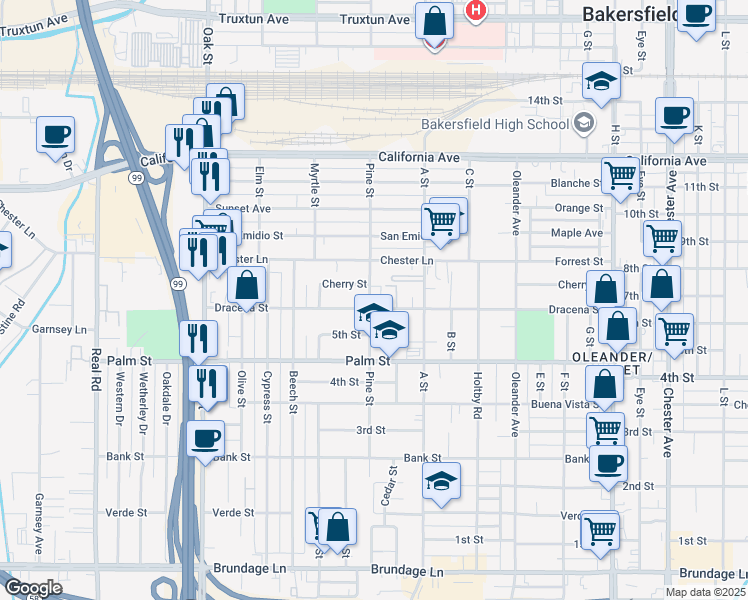 map of restaurants, bars, coffee shops, grocery stores, and more near 630 Pine Street in Bakersfield