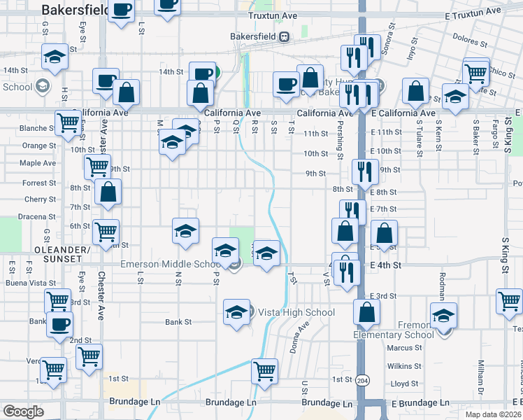 map of restaurants, bars, coffee shops, grocery stores, and more near 643 R Street in Bakersfield