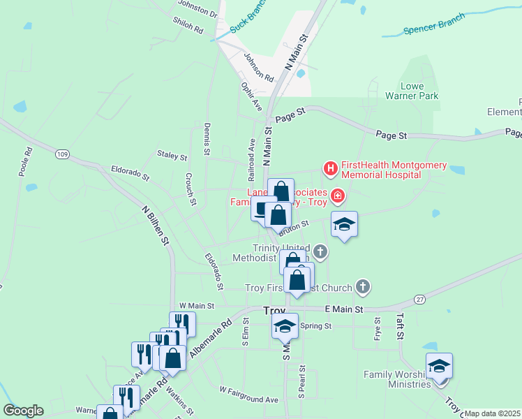 map of restaurants, bars, coffee shops, grocery stores, and more near 525 Railroad Avenue in Troy