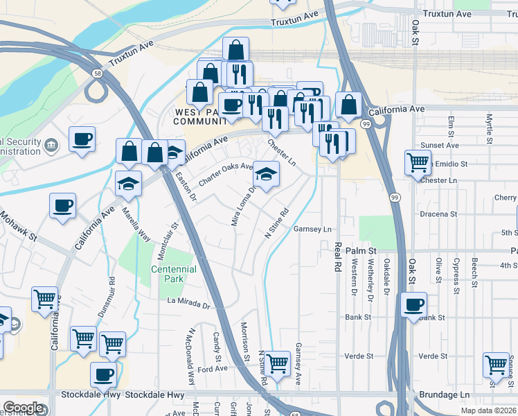 map of restaurants, bars, coffee shops, grocery stores, and more near 4110 Garnsey Lane in Bakersfield