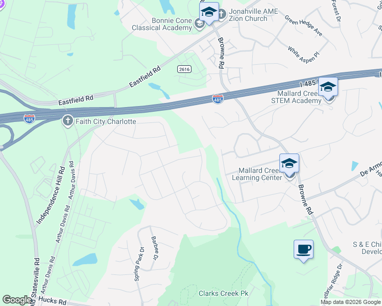 map of restaurants, bars, coffee shops, grocery stores, and more near 8616 Addingham Drive in Charlotte