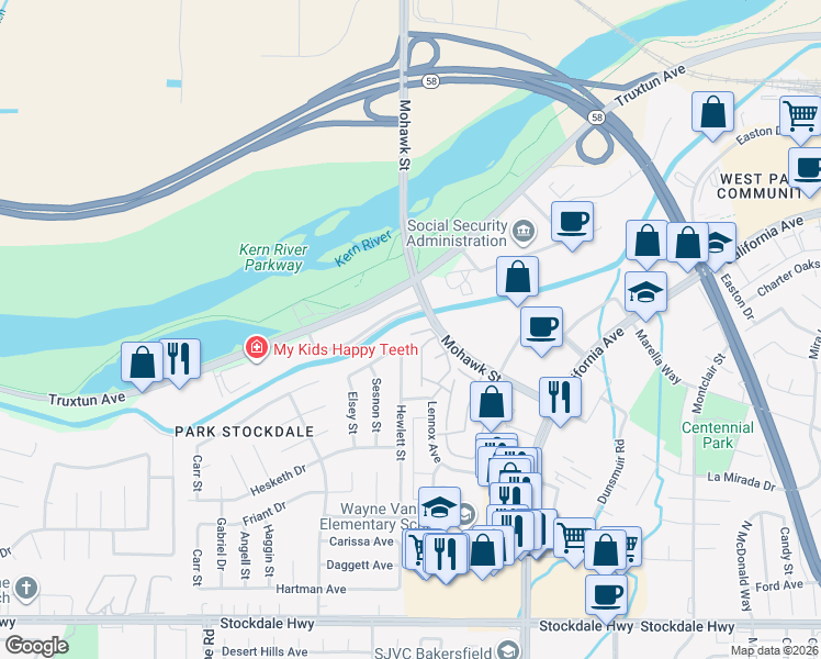 map of restaurants, bars, coffee shops, grocery stores, and more near in Bakersfield
