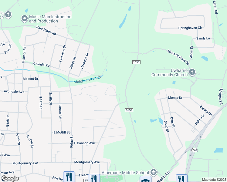 map of restaurants, bars, coffee shops, grocery stores, and more near 905 Chimneys Lane in Albemarle