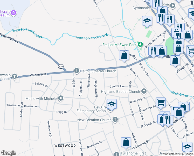 map of restaurants, bars, coffee shops, grocery stores, and more near 756 Ridgelawn Place in Tullahoma