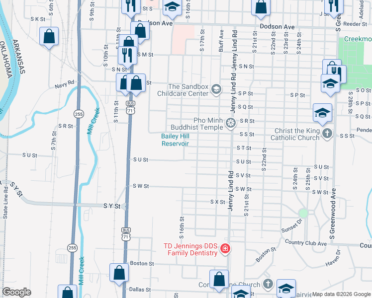 map of restaurants, bars, coffee shops, grocery stores, and more near 1601 South T Street in Fort Smith