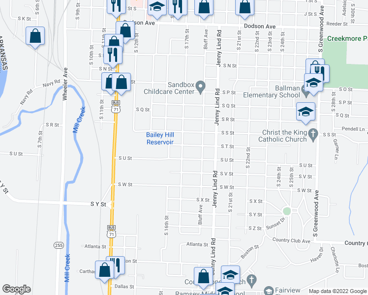 map of restaurants, bars, coffee shops, grocery stores, and more near 1700 South T Street in Fort Smith