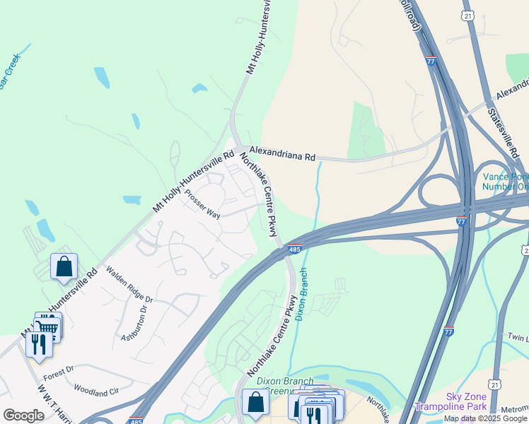 map of restaurants, bars, coffee shops, grocery stores, and more near 10916 Northlake Landing Drive in Charlotte