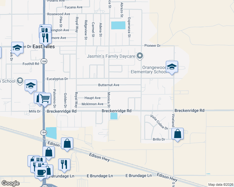 map of restaurants, bars, coffee shops, grocery stores, and more near 9001 Ponderosa Avenue in Bakersfield