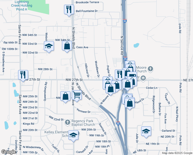 map of restaurants, bars, coffee shops, grocery stores, and more near 2813 Woodlawn Drive in Moore