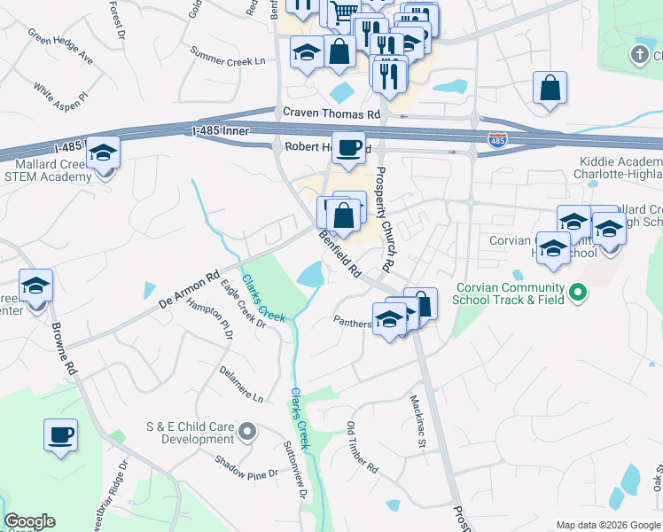 map of restaurants, bars, coffee shops, grocery stores, and more near 9131 Benfield Road in Charlotte
