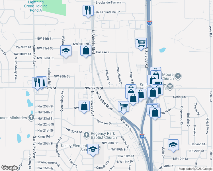map of restaurants, bars, coffee shops, grocery stores, and more near 2808 North Shields Boulevard in Moore