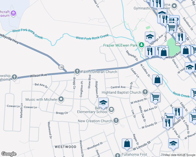 map of restaurants, bars, coffee shops, grocery stores, and more near 756 Ridgelawn Place in Tullahoma