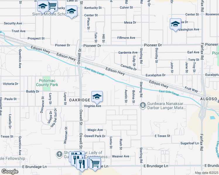 map of restaurants, bars, coffee shops, grocery stores, and more near 600 Poinsettia Street in Bakersfield