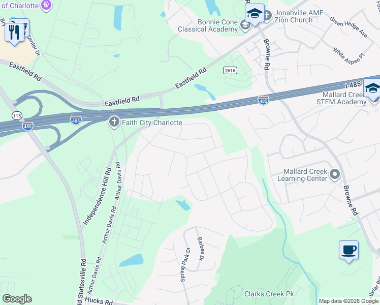 map of restaurants, bars, coffee shops, grocery stores, and more near 9009 Buckley Court in Charlotte