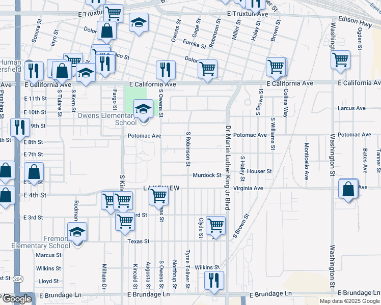 map of restaurants, bars, coffee shops, grocery stores, and more near 1216 Gorrill Street in Bakersfield