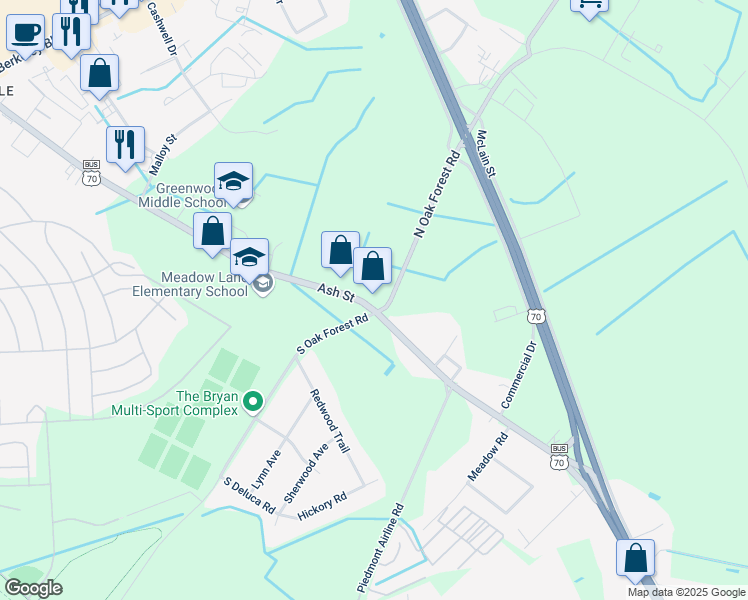 map of restaurants, bars, coffee shops, grocery stores, and more near 3633 East Ash Street in Goldsboro